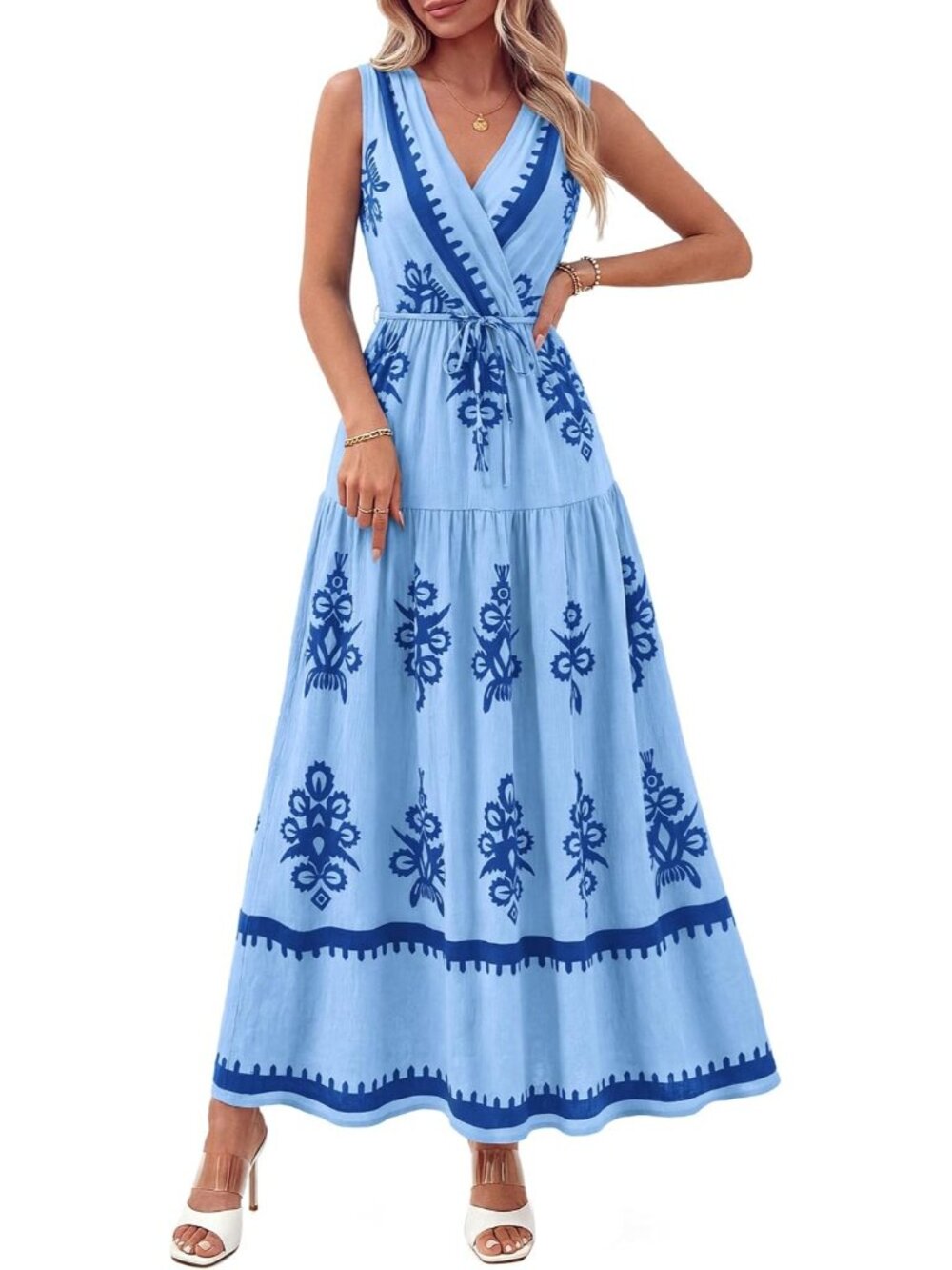 🆕 Women's Blue Floral Sleeveless V Neck Boho Belt Ruffle Imported Maxi Dress